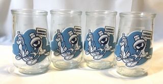 4 Vtg Welch’s Marvin Martian And K9 Jelly Jar Glasses Cartoon Looney Tunes 1995