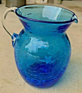 Vintage Hand Blown Bright Blue Crackle Glass 5 " Tall Pitcher With Clear Handle