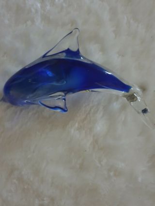 Vintage Art Glass Dolphin Blue And Clear.  Lanshing Pty Ltd Sydney Paperweight