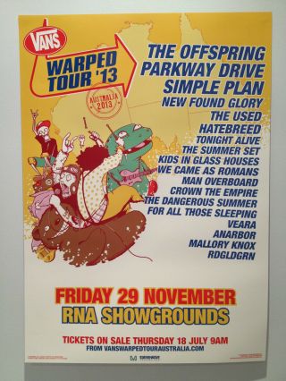 Vans Warped Tour 2013 Brisbane Promo Poster Offspring Parkway Drive