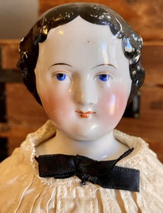 Antique German C1860 Flat Top China Head 18” Tall Doll Beautifully Dressed