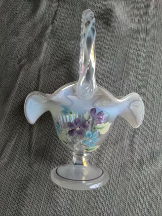 Fenton Hand Painted White Opalescent Basket With Purple Flowers
