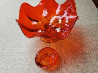 Vtg 1950 - 60 Viking Amberina Persimmon Orange Glass Pedestal Wave Bowl 9.  5 " Wide