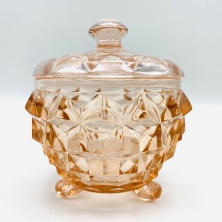 Vintage Jeannette Pink Depression Glass Cubist Cube Powder Jar Covered Vanity