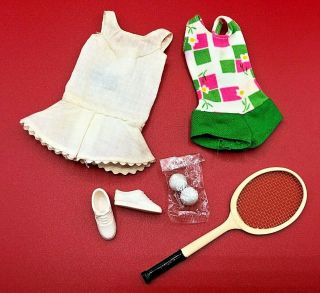 Vintage 1965 Mattel Barbie Francie Tennis Racket Balls Shoes Swim Suit Jumper