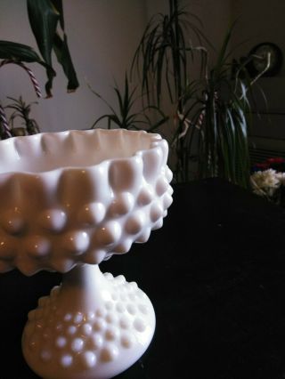 Vintage White Milk Glass Hobnail Pedestal Candy Dish Ruffled Rim 6 " Tall