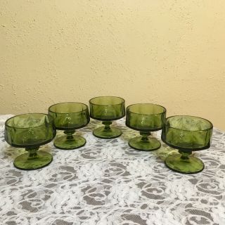 Vintage Set Of 5 Green Glass Pedestal Fruit Dessert Sherbet Glasses Euc