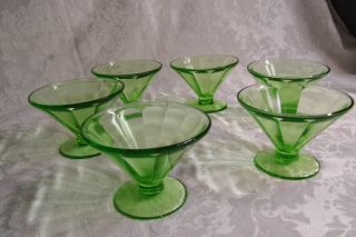 Set Of 6 Vtg Green Federal Glass Dessert Ice Cream Dishes Vaseline Uranium