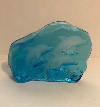 Blue Carved Glass Paperweight Of Three Dolphins Swimming In The Ocean 6.  5 " X 5 "
