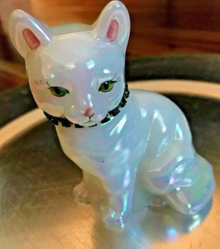 Fenton Hand Painted Opalescent Glass Cat With May Birthstone Collar
