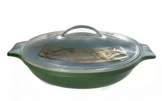 Glasbake Green Casserole Dish With Lid Gold Accents Mcm Mid Century Modern J2274