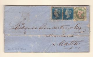Gb.  Qv.  Sg 20,  2d Pale Blue Pair & 1/ - Green Embossed On Entire To Malta.  1855.