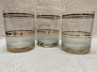 3 Vintage Culver Glass Icicles 22k Gold Bar Low Ball Drinking Glasses