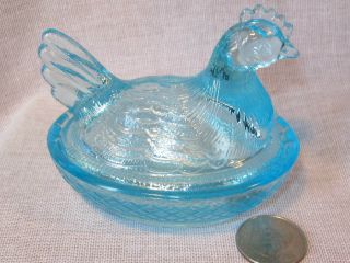 Boyd Glass Figurative Covered Bowl / Master Salt " Hen On Nest " Sky Blue