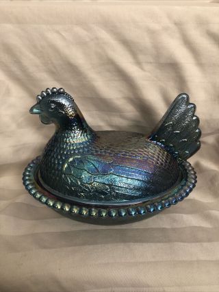 Vintage Indiana Carnival Glass Blue Iridescent Chicken On Nest Covered Dish