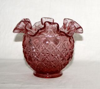 Vtg Fenton Glass Cranberry Pink Rose Bowl Vase Ruffle Crimped Fine Cut And Block