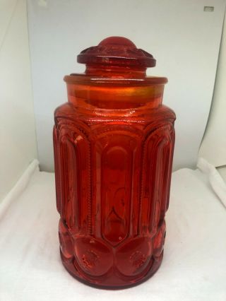 Large Vintage L E Smith Amberina Red Glass Moon & Stars Canister Jar 9 3/4 " Tall