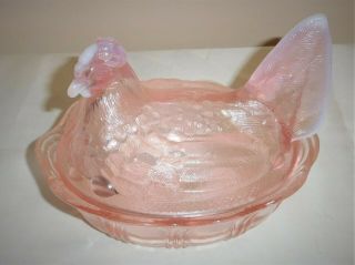 Vintage Fenton Glass Pink Opalescent Hen On Nest 4 1/2 " Tall