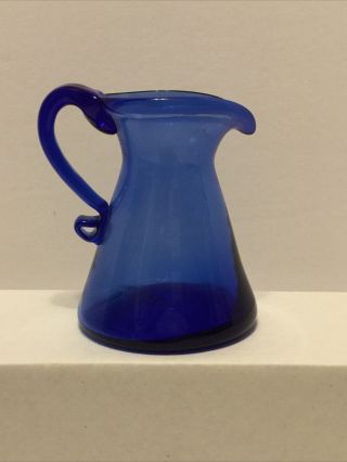 J W Shelton Cobalt Blue Blown Glass Creamer Bud Vase Pitcher Signed Vintage