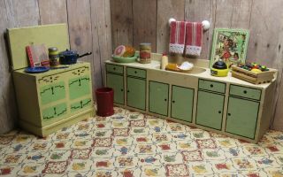 Strombecker Cabinets W/ Sink & Stove,  Vintage Wooden Dollhouse Furniture 1:12