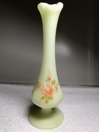 Vintage Fenton Satin Custard Bud Vase Signed & Hand - Painted