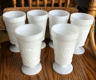 Set Of 6 Vintage White Milk Glass Footed Goblets Leaves And Grape Pattern
