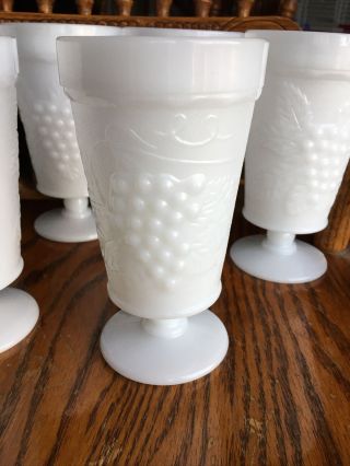 SET OF 6 VINTAGE WHITE MILK GLASS FOOTED GOBLETS LEAVES AND GRAPE PATTERN 2