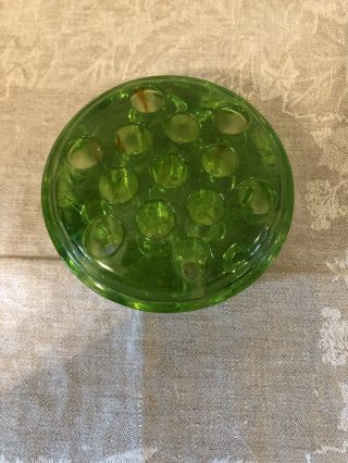 Vintage Green Depression Glass Flower Frog,  4.  5,  13 Holes