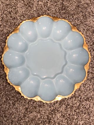 Vintage Fire King Blue Delphite Deviled Egg Plate Tray W/ Gold Gilt