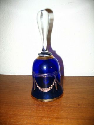 Vtg Czechoslovakia Bohemia Cobalt Blue & Gold Leaf Painted Crystal Glass Bell
