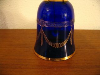 Vtg CZECHOSLOVAKIA BOHEMIA COBALT BLUE & GOLD LEAF PAINTED CRYSTAL GLASS BELL 2
