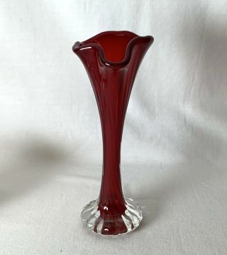 Vintage Fluted Cranberry Red Glass Vase With Clear Sommerso Base C1960 - 1970 