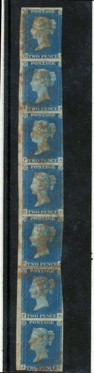 Unique Opportunity: Strip Of 7 1840 Gb Qv 2d Blue Sg5 Plate 2 & In Folder