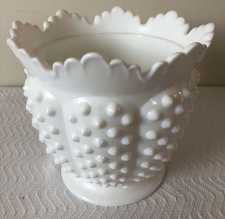 Vtg Fenton White Milk Glass Hobnail Planter Bowl W/ Crimped & Ruffled Edge Vase