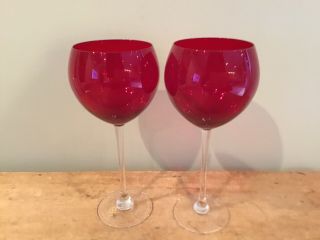 Lenox Set Of 2 Ruby Red Crystal Balloon Wine Glasses 16 Oz.