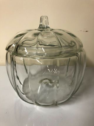Vintage Anchor Hocking Pumpkin Cookie Jar Glass 2 Pc Clear,  Box