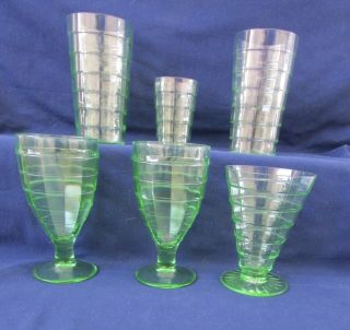 Vintage 1929 - 33 Hocking Block Optic Green Footed Goblets Flat Tumblers (6 Pc)
