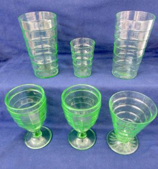 Vintage 1929 - 33 HOCKING BLOCK OPTIC Green Footed GOBLETS FLAT TUMBLERS (6 PC) 2