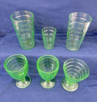 Vintage 1929 - 33 HOCKING BLOCK OPTIC Green Footed GOBLETS FLAT TUMBLERS (6 PC) 3