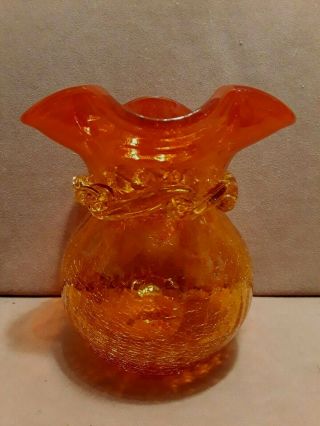Vintage Blenko Art Glass Amberina Crackle Vase Orange Yellow