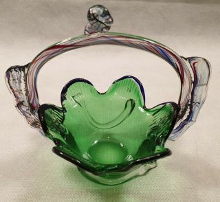 Vintage Mcm Murano Green Glass Basket With Handle Italian Art Glass 1960s 1970s
