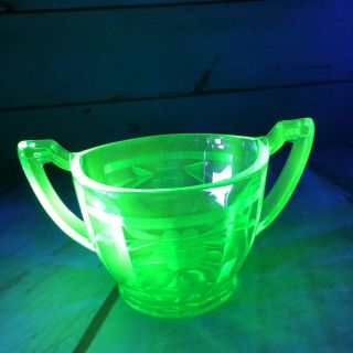 Vintage Green Uranium Depression Glass Open Sugar Bowl Handled Etched