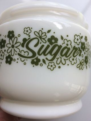 Vintage Gemco White Milk Glass With Green Crazy Daisy Pattern Sugar Dish