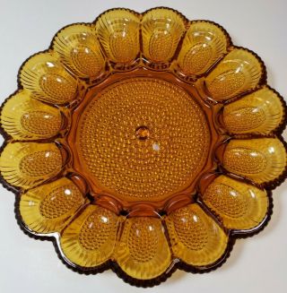 Vintage Indiana Amber Glass Hobnail Deviled Egg Plate Tray Dish 15 Eggs