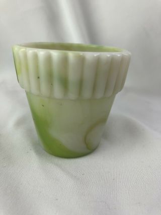 Vintage Akro Agate Flower Pot 2.  25 " Slag Glass Green,  White Ribbed Edge