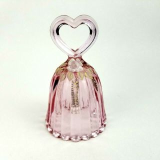 Fenton Hand Painted Pink Glass Bell W/ Heart Handle Signed 5 " Tall