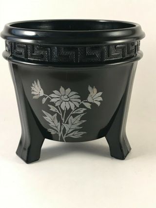 LE Smith Art Deco Black Amethyst Glass Footed Urn Greek Key Border Silver Floral 3