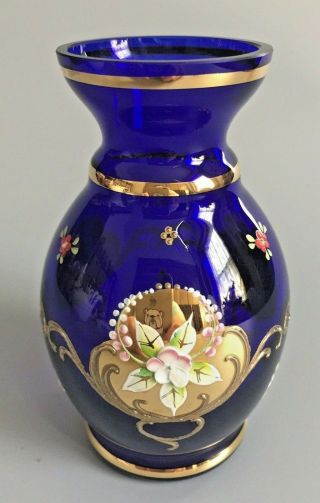 Vintage Venetian Murano Hand Painted 24k Gold Gilded Cobalt Blue Art Glass Vase