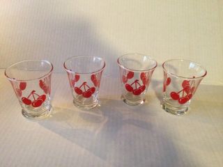 Set Of 4 Retro Vintage Cherry Juice Glasses - Clear With Red Cherries Euc