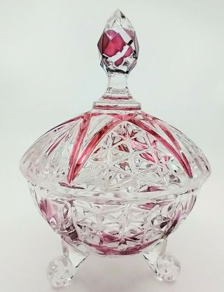 Vintage 3 Footed Cut Crystal Candy Dish W/lid Handpainted W/cranberry